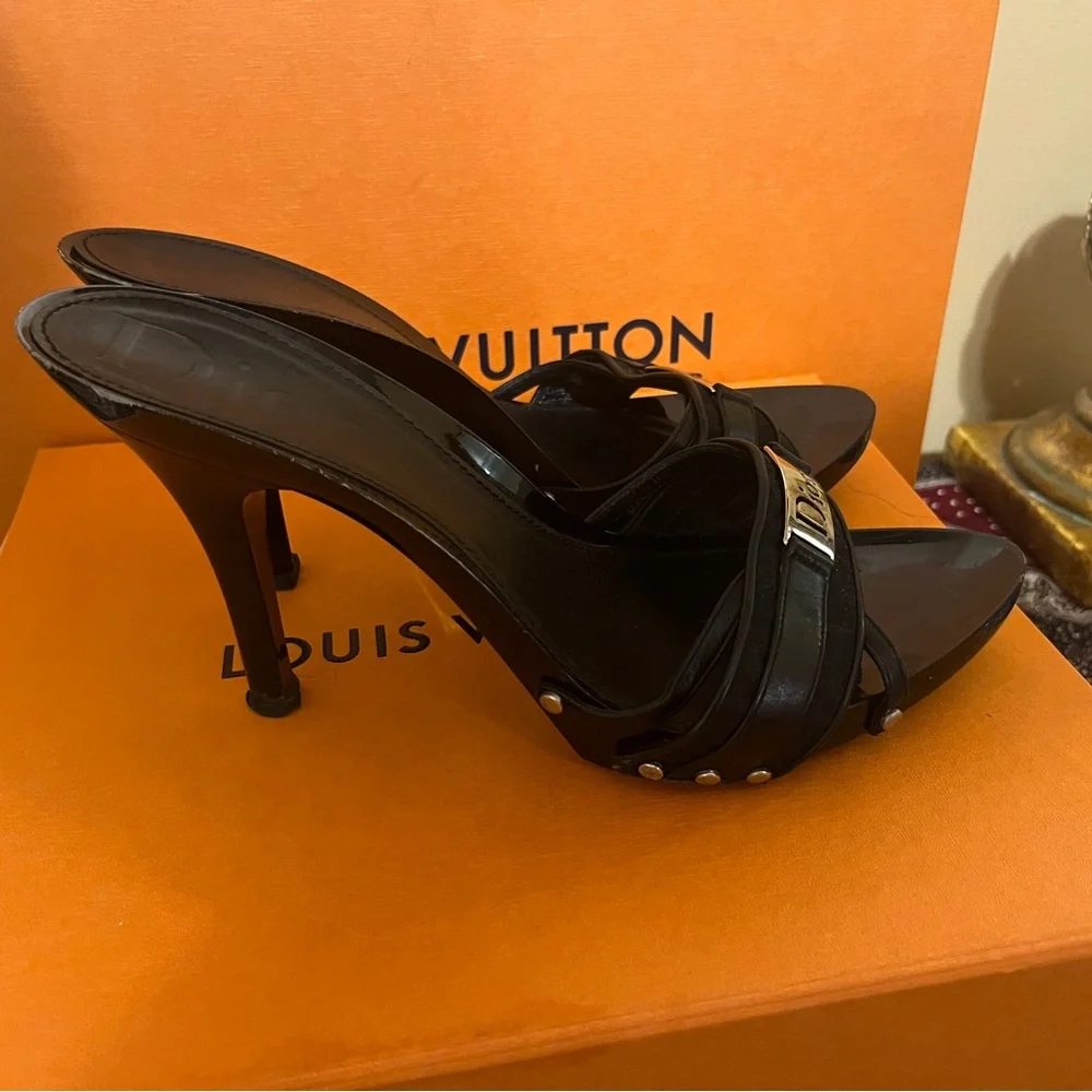 Vintage Dior Black Printed Canvas & Leather Peep Toe Clogs Sandals - Sz 40EU - Picture 4 of 6